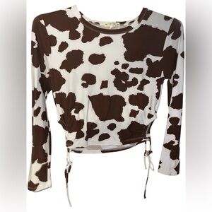 Brown and White Long Sleeve Tie Front Crop Top